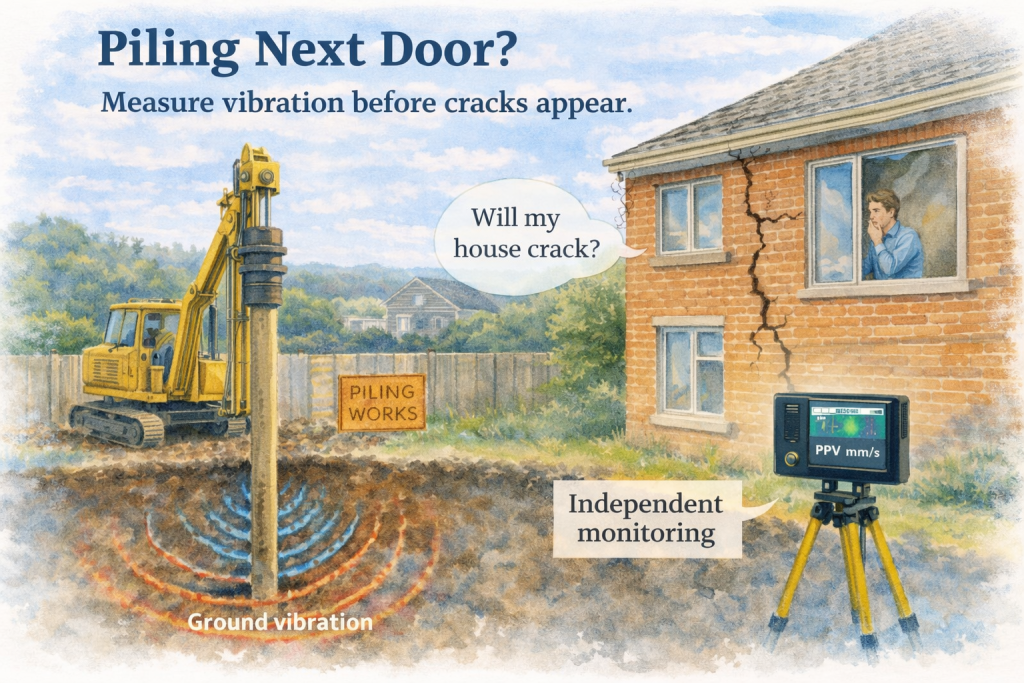 House at risk of cracks from nearby piling works with independent vibration monitoring device measuring movement.