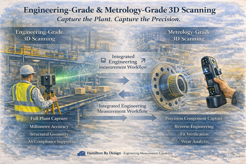 Engineering measurement workflow combining plant scanning and precision component capture.