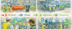 Illustration showing LiDAR scanning workflow for industrial shutdown from capture to installation.