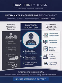 Mechanical engineering secondment infographic showing embedded engineer support, brownfield governance control and operational stability in industrial environments.
