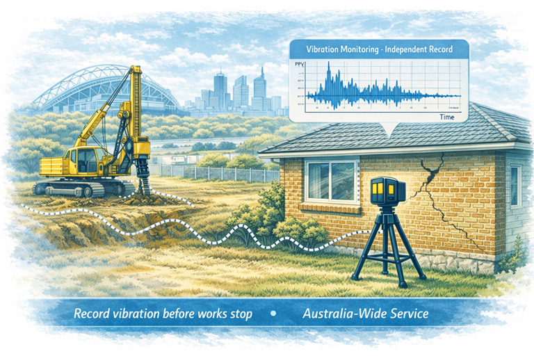 Residential home beside construction works with vibration monitor and recorded vibration graph