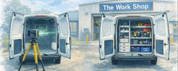 LiDAR scanning the interior of a white van beside a fully fitted tradie van outside a workshop