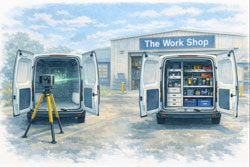LiDAR scanning the interior of a white van beside a fully fitted tradie van outside a workshop