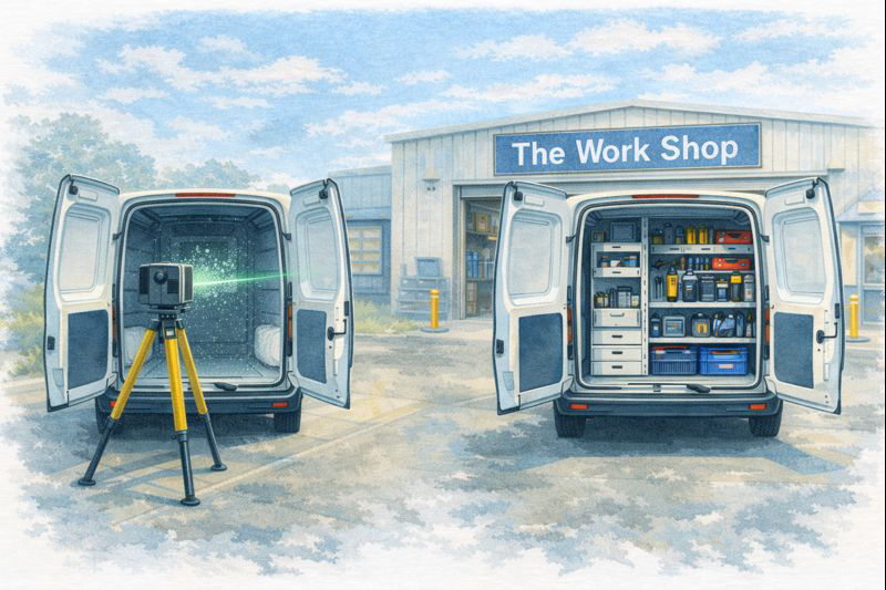 3D scanning a white van before a custom tradie fit-out compared to a completed organised van interior