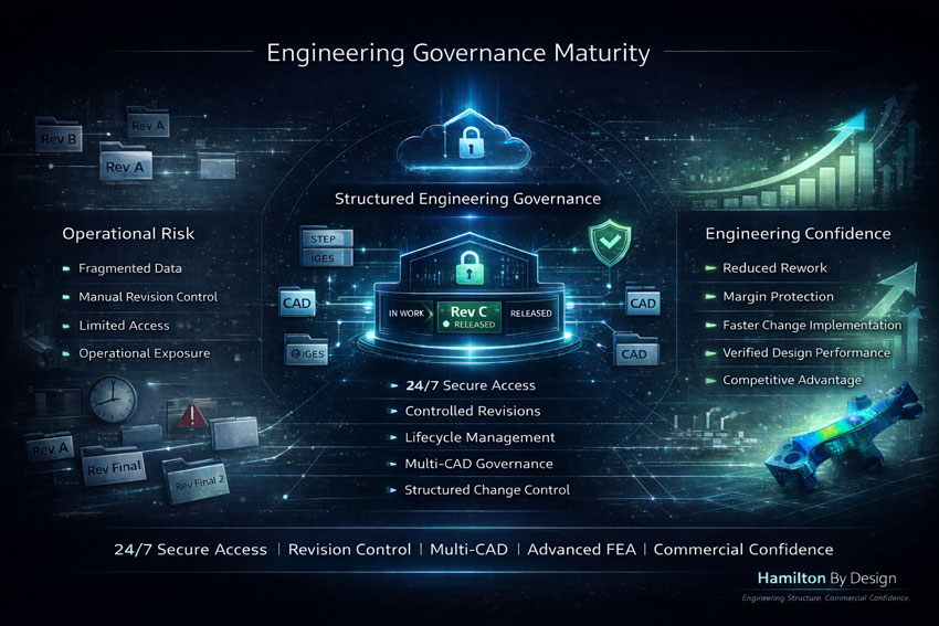 Engineering governance framework diagram with lifecycle management, multi-CAD control, revision tracking and advanced FEA tools.