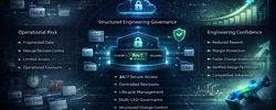 Engineering Governance Maturity infographic showing operational risk, structured governance, and engineering confidence with 24/7 secure access and revision control.