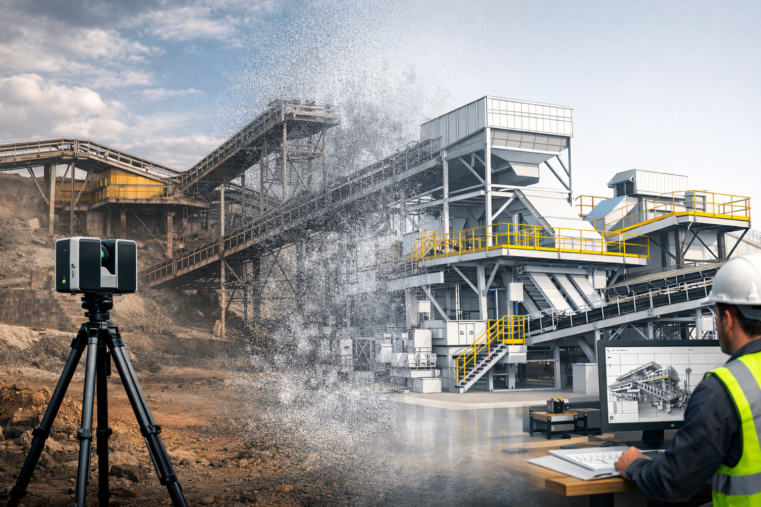Mining and industrial facility transformed from laser scan data into an accurate 3D CAD engineering model.