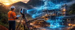 3D laser scanner capturing point cloud data of remote processing plant.