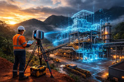 3D laser scanner capturing point cloud data of remote processing plant.