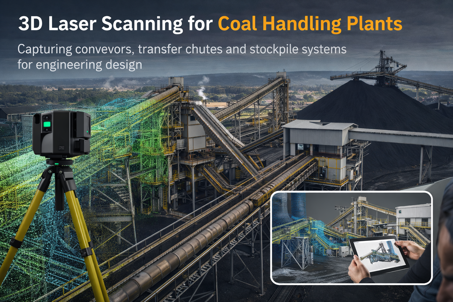 3D laser scanning of coal handling plant conveyors transfer chutes and stockpile systems for engineering design