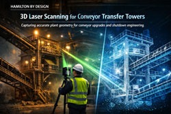 3D laser scanning of a mining conveyor transfer tower capturing point cloud data for engineering modelling.