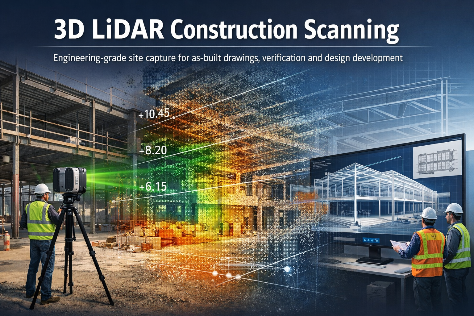 3D LiDAR construction scanning capturing a building site and converting it into a point cloud and engineering model