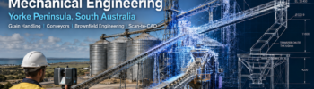 3D scanning and mechanical engineering for Yorke Peninsula grain handling facilities, showing conveyors, silos, FARO laser scanning, point cloud capture and CAD modelling.