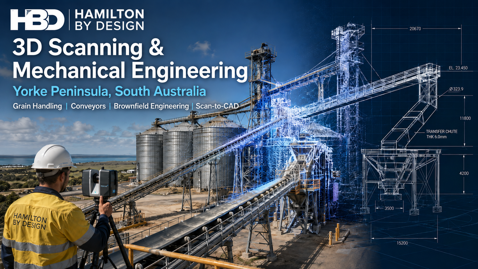 3D scanning and mechanical engineering for Yorke Peninsula grain handling facilities, showing conveyors, silos, FARO laser scanning, point cloud capture and CAD modelling.