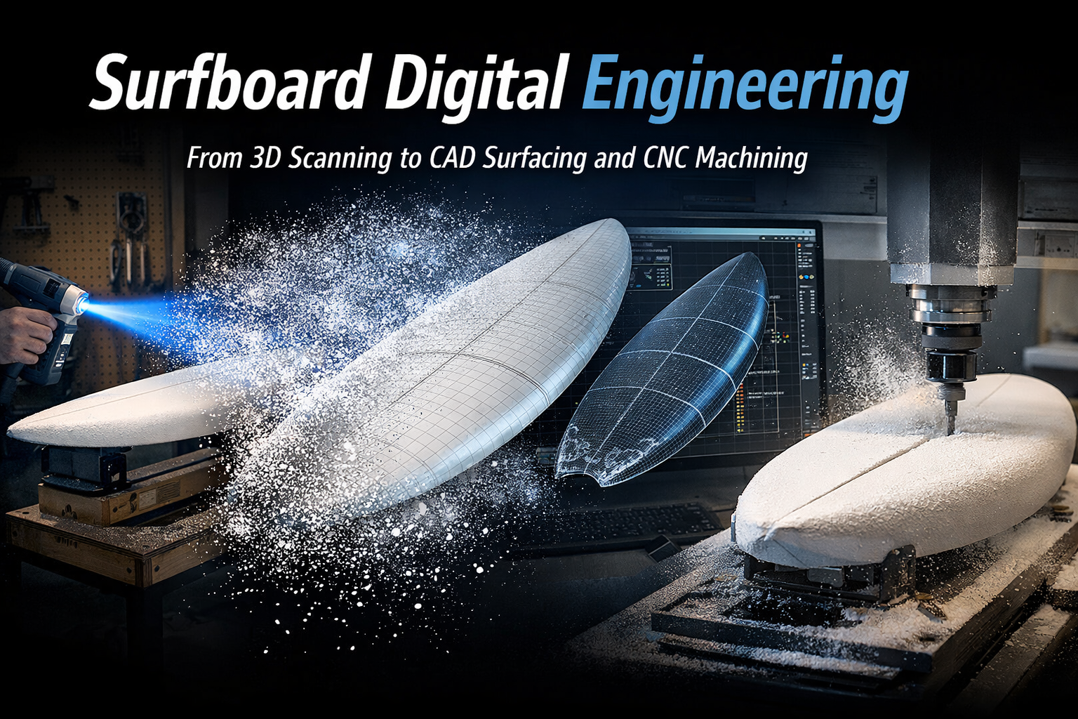 surfboard digital engineering workflow showing 3D scanning CAD modelling and CNC machining