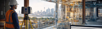 Technician using a tripod-mounted 3D laser scanner inside a Sydney building project with digital scan data visible.