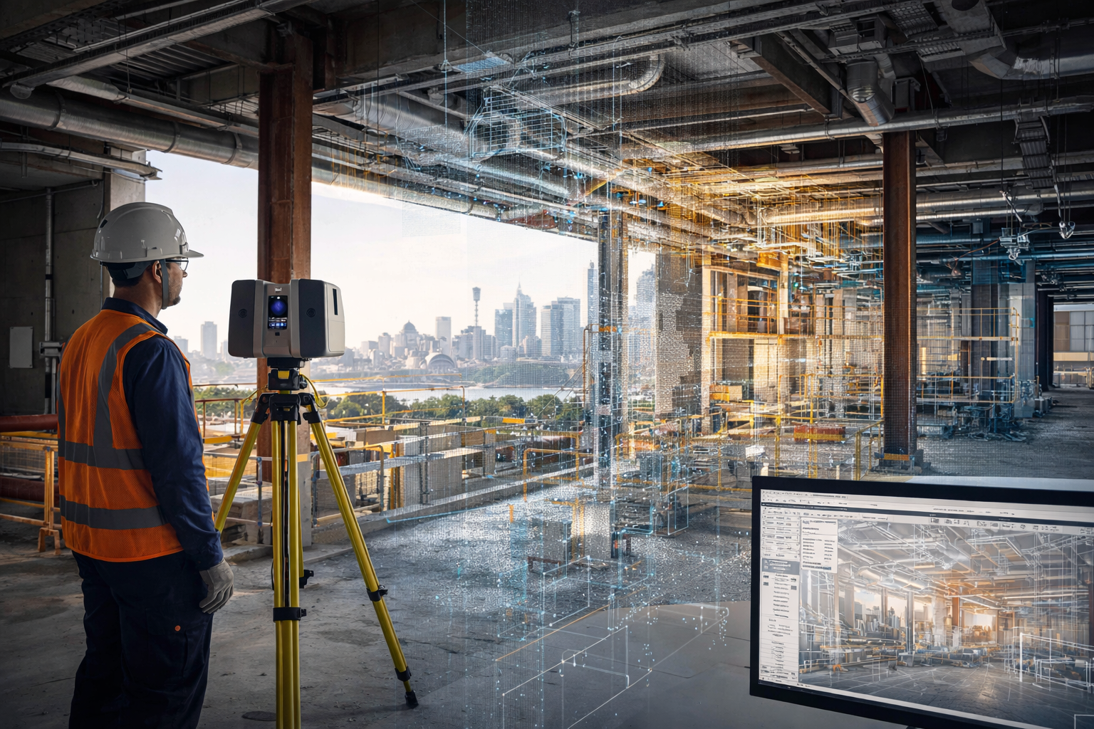 Technician using a tripod-mounted 3D laser scanner inside a Sydney building project with digital scan data visible.