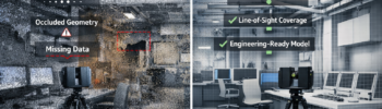 Comparison of poor vs high-quality 3D laser scanning showing missing geometry and complete point cloud data in an industrial workspace