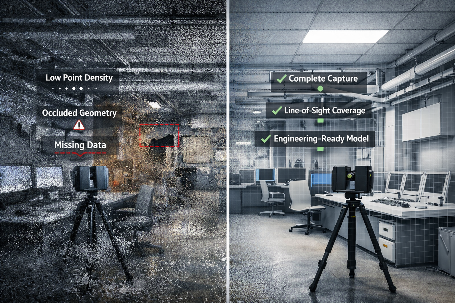 Comparison of poor vs high-quality 3D laser scanning showing missing geometry and complete point cloud data in an industrial workspace