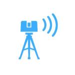 Blue 3D LiDAR scanner icon on a tripod with scanning waves