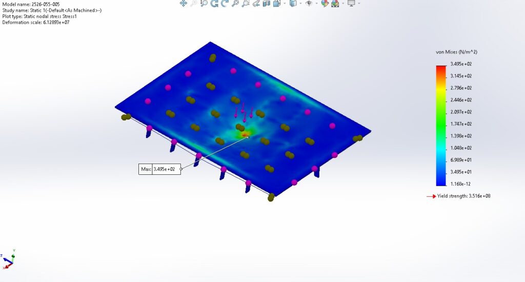 FEA stress contour and mesh quality for load-rated steel plate under roadway loading conditions