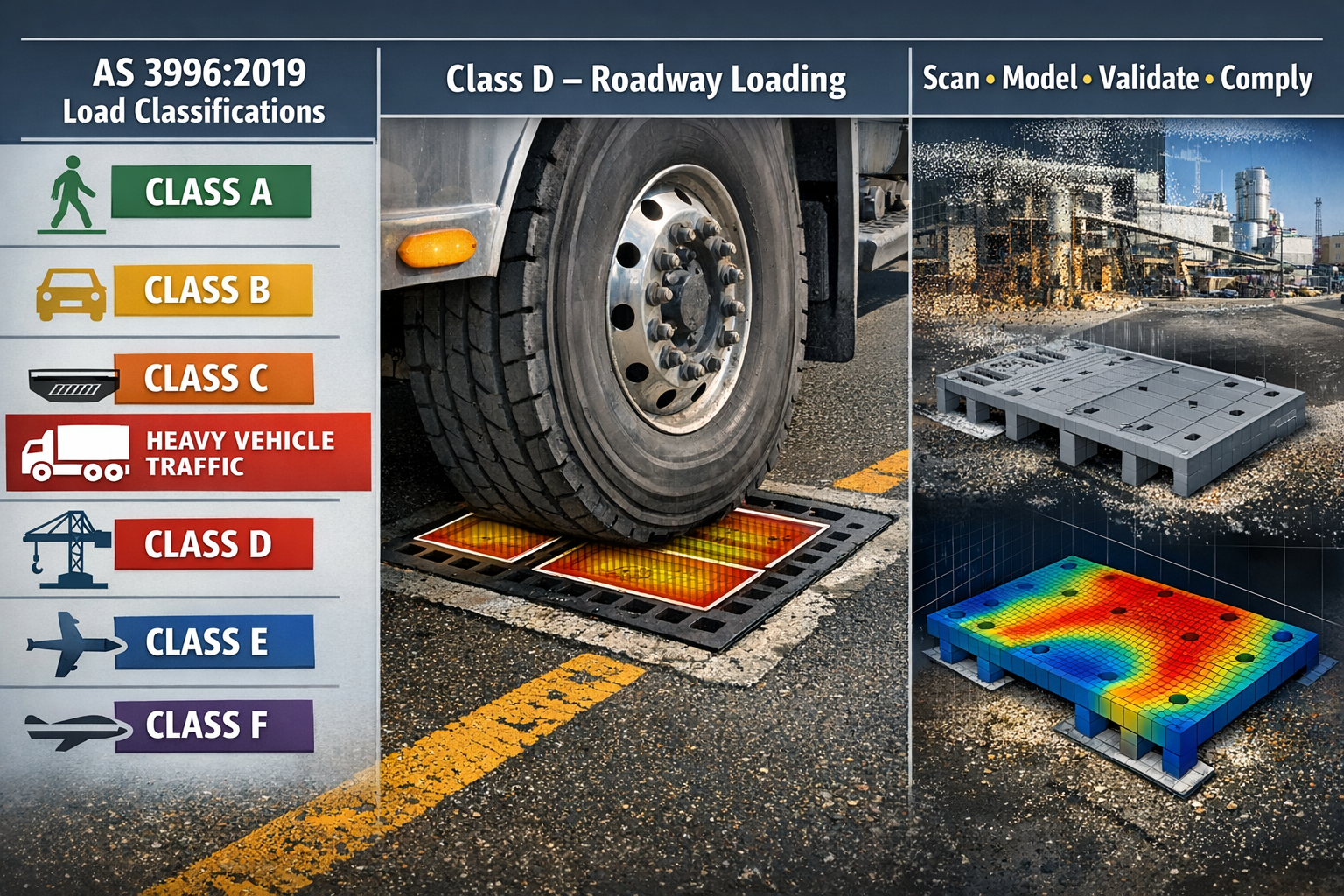 Engineering validation of AS 3996 access cover showing truck tyre load, structural model and stress contours