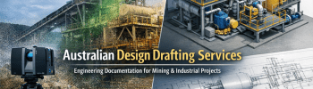 Engineering design drafting services showing 3D laser scanning of a mining plant and SolidWorks industrial equipment modelling.