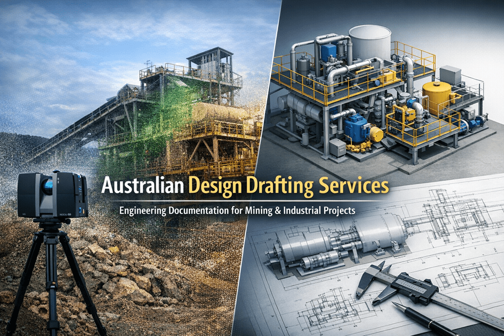 Engineering design drafting services showing 3D laser scanning of a mining plant and SolidWorks industrial equipment modelling.