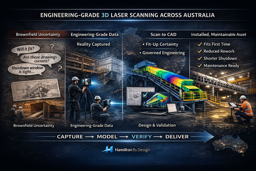 Mining infrastructure upgrade workflow using LiDAR scanning, CAD modelling and engineering validation.