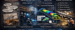 Executive infographic showing engineering-grade 3D laser scanning workflow from brownfield uncertainty to installed mining asset.