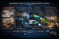 Executive infographic showing engineering-grade 3D laser scanning workflow from brownfield uncertainty to installed mining asset.