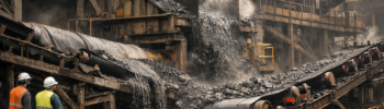 Conveyor system failure in a mining processing plant with spillage and damaged rollers.