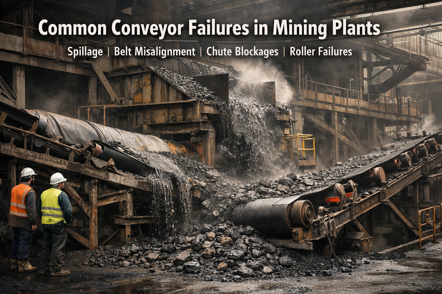 Conveyor system failure in a mining processing plant with spillage and damaged rollers.