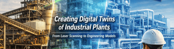 Industrial digital twin concept showing a mining processing plant transitioning from a real facility to a point cloud scan and CAD engineering model.