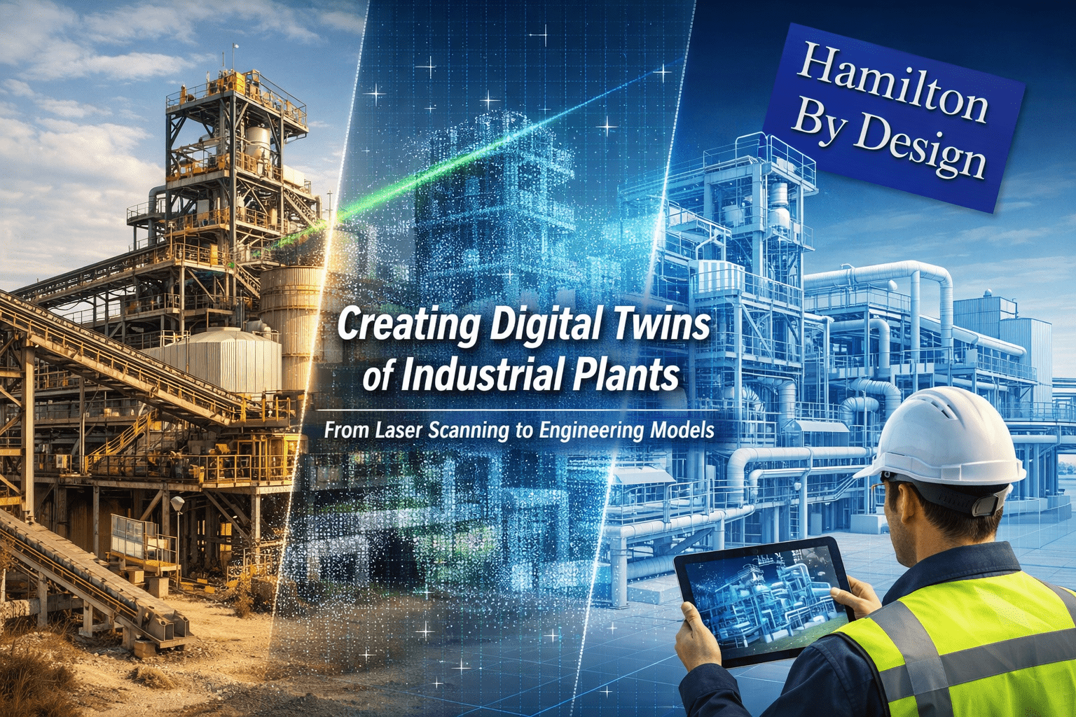 Industrial digital twin concept showing a mining processing plant transitioning from a real facility to a point cloud scan and CAD engineering model.