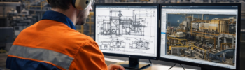 Engineer working at a multi-screen workstation with mechanical drawings and a 3D industrial plant model visible on screen.