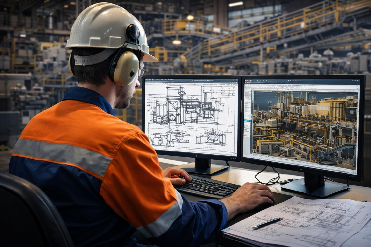 Engineer working at a multi-screen workstation with mechanical drawings and a 3D industrial plant model visible on screen.