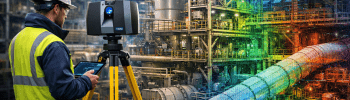 Industrial engineer operating a LiDAR laser scanner capturing high-accuracy point cloud data of a processing plant for engineering design and infrastructure upgrades.