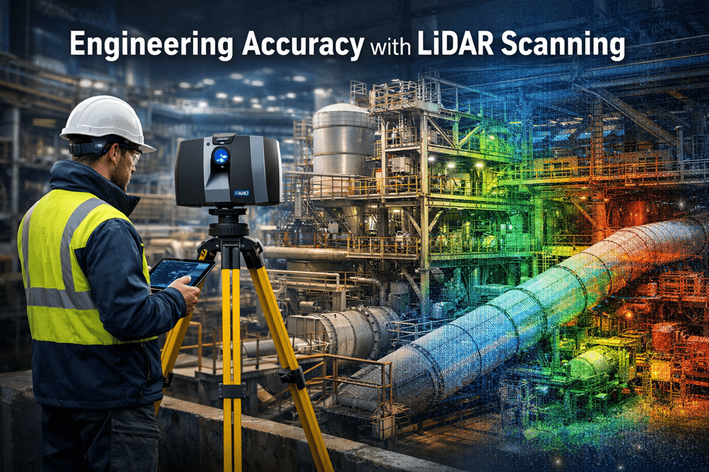Industrial engineer operating a LiDAR laser scanner capturing high-accuracy point cloud data of a processing plant for engineering design and infrastructure upgrades.