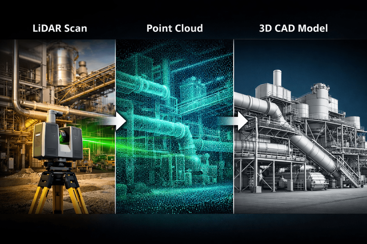 LiDAR scanning workflow showing an engineering laser scanner capturing industrial infrastructure and converting the data into a point cloud and CAD model.