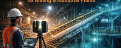 Engineering LiDAR scanner capturing point cloud data of conveyor infrastructure inside a mining processing plant.