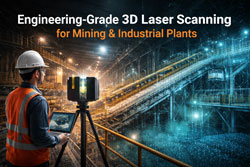 Engineering LiDAR scanner capturing point cloud data of conveyor infrastructure inside a mining processing plant.