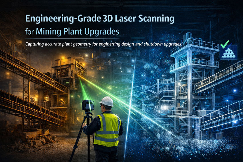 3D laser scanning of mining processing plant generating digital point cloud model for engineering plant upgrades.