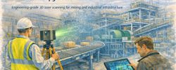 Engineer using a 3D laser scanner to capture existing conditions of mining plant infrastructure before upgrade engineering.