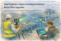 Engineer using a 3D laser scanner to capture existing conditions of mining plant infrastructure before upgrade engineering.