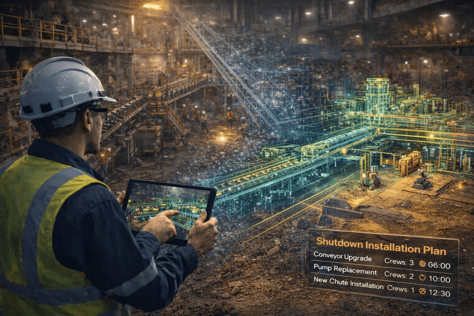 Mining shutdown planning using digital engineering models and installation schedules.