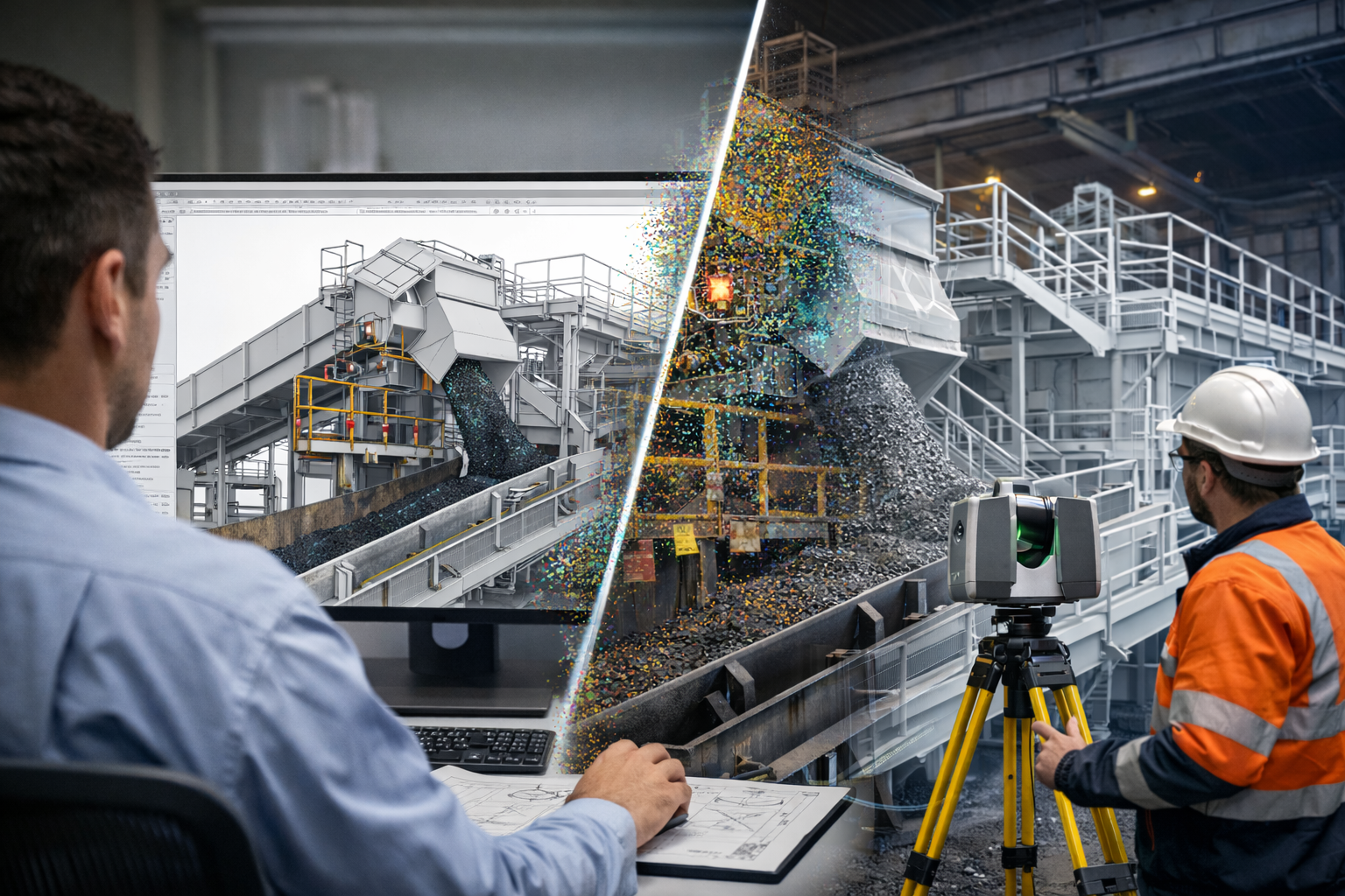 Point cloud mining infrastructure scanning connected to a 3D engineering model of a conveyor transfer chute.