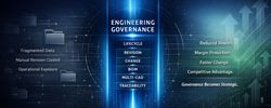Engineering governance maturity graphic showing lifecycle, revision, change, BOM, multi-CAD and traceability with reduced rework benefits.
