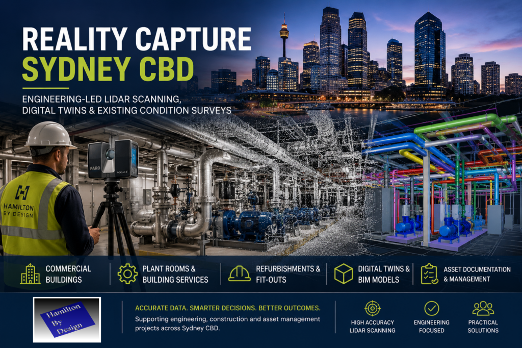 Reality Capture Sydney CBD hero image showing an engineer performing LiDAR scanning in a commercial building plant room, with a Sydney CBD skyline, point cloud data and digital twin model overlays representing engineering-led reality capture, asset documentation and existing-condition surveys.