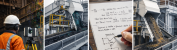 Mining conveyor engineering workflow showing laser scanning, 3D modelling, engineering calculations and installation of a transfer chute.